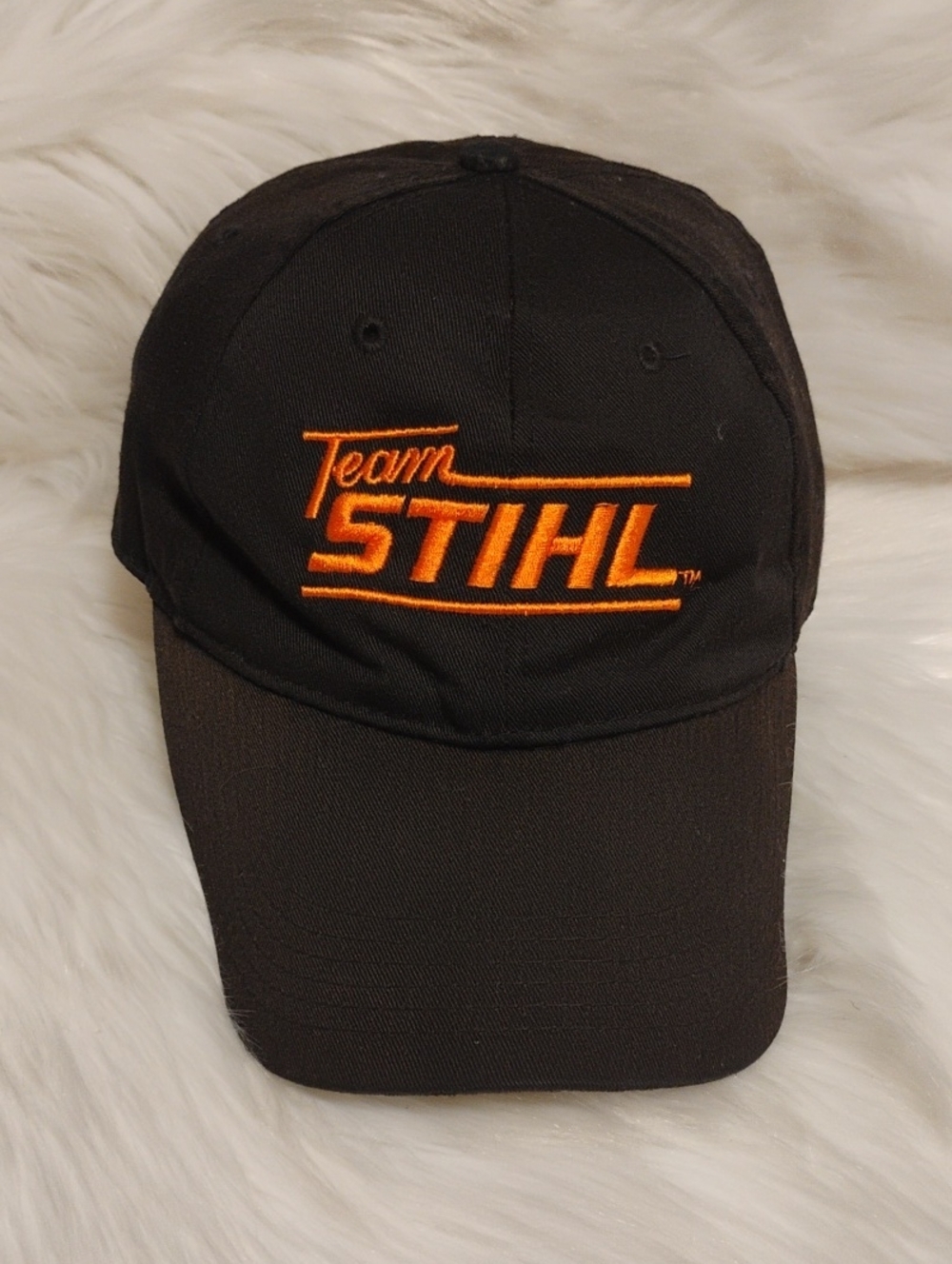 (C-75) Team STIHL Black Baseball Cap W Embroidered Orange Logo